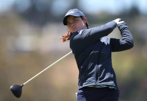 Leona Maguire of Ireland tees off from the 9th hole during the first round of the LPGA Mediheal Championship at Lake Merced Golf Club on June 10,...