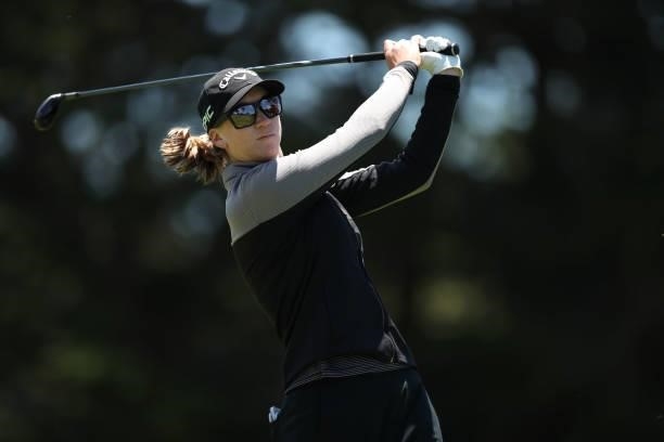 Jenny Coleman of the United States tees off from the 9th hole during the first round of the LPGA Mediheal Championship at Lake Merced Golf Club on...