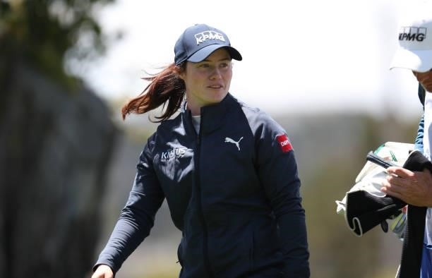 Leona Maguire of Ireland looks on after teeing off from the 9th hole during the first round of the LPGA Mediheal Championship at Lake Merced Golf...