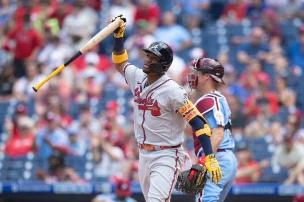 Ronald Acuna Jr. #13 of the Atlanta Braves reacts after striking out in the top of the sixth inning against the Philadelphia Phillies at Citizens...