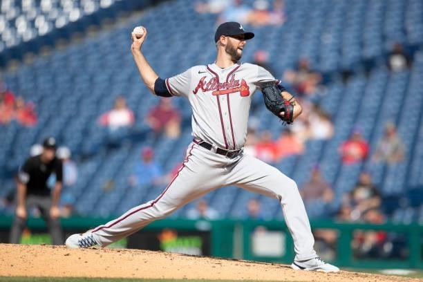 Chris Martin of the Atlanta Braves throws a pitch in the bottom of the tenth inning against the Philadelphia Phillies at Citizens Bank Park on June...
