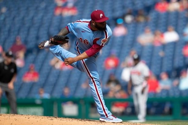 Jose Alvarado of the Philadelphia Phillies throws a pitch in the top of the tenth inning against the Atlanta Braves at Citizens Bank Park on June 10,...
