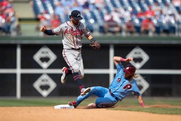 Dansby Swanson of the Atlanta Braves forces out Travis Jankowski of the Philadelphia Phillies in the bottom of the ninth inning at Citizens Bank Park...