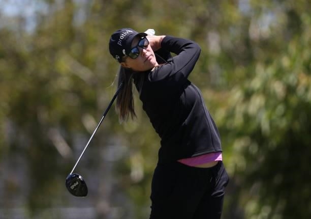 Jennifer Kupcho of the United States tees off from the 2nd hole during the first round of the LPGA Mediheal Championship at Lake Merced Golf Club on...