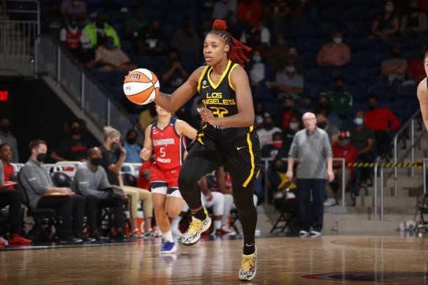Bria Holmes of the Los Angeles Sparks handles the ball against the Washington Mystics on June 10, 2021 at Entertainment & Sports Arena in Washington,...
