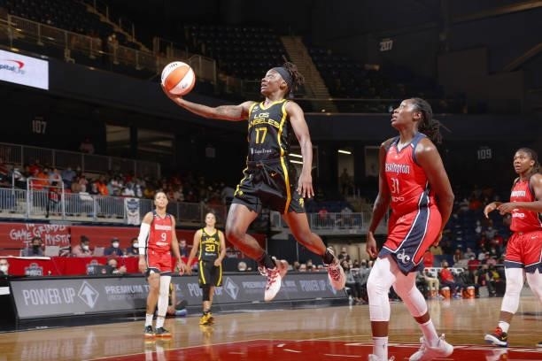 Erica Wheeler of the Los Angeles Sparks drives to the basket against the Washington Mystics on June 10, 2021 at Entertainment & Sports Arena in...