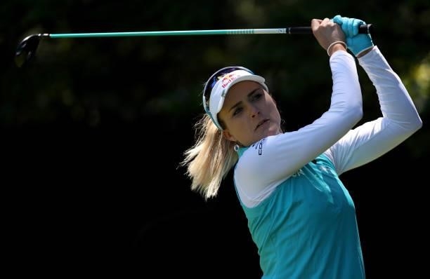 Lexi Thompson of the United States tees off from the 5th hole during the first round of the LPGA Mediheal Championship at Lake Merced Golf Club on...
