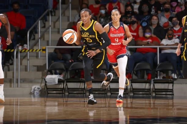 Brittney Sykes of the Los Angeles Sparks handles the ball against the Washington Mystics on June 10, 2021 at Entertainment & Sports Arena in...