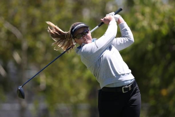 Brooke Henderson of Canada tees off from the 2nd hole during the first round of the LPGA Mediheal Championship at Lake Merced Golf Club on June 10,...