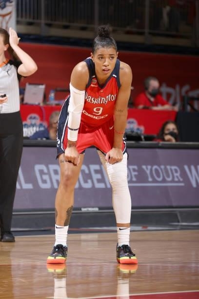 Natasha Cloud of the Washington Mystics looks on during the game against the Los Angeles Sparks on June 10, 2021 at Entertainment & Sports Arena in...