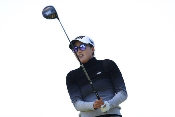 Jennifer Song of the United States hits from the 8th hole during the first round of the LPGA Mediheal Championship at Lake Merced Golf Club on June...