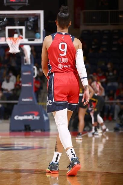 Natasha Cloud of the Washington Mystics looks on during the game against the Los Angeles Sparks on June 10, 2021 at Entertainment & Sports Arena in...