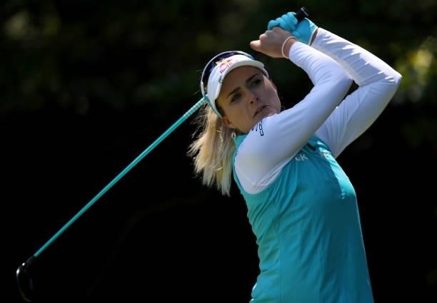 Lexi Thompson of the United States tees off from the 5th hole during the first round of the LPGA Mediheal Championship at Lake Merced Golf Club on...