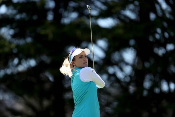 Lexi Thompson of the United States tees off from the 4th hole during the first round of the LPGA Mediheal Championship at Lake Merced Golf Club on...