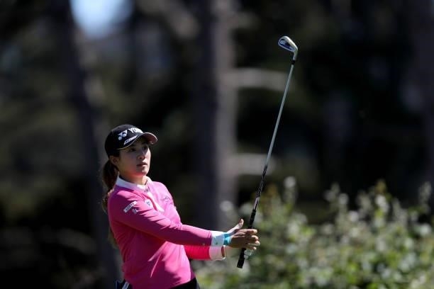 Suzuka Yamaguchi of Japan tees off on the 7th hole during the first round of the LPGA Mediheal Championship at Lake Merced Golf Club on June 10, 2021...