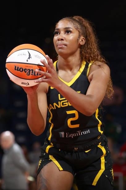 Te'a Cooper of the Los Angeles Sparks shoots a free throw against the Washington Mystics on June 10, 2021 at Entertainment & Sports Arena in...