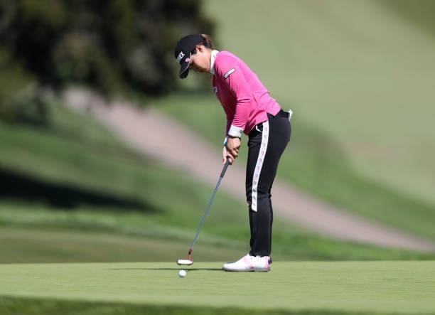 Suzuka Yamaguchi of Japan putts on the 6th hole during the first round of the LPGA Mediheal Championship at Lake Merced Golf Club on June 10, 2021 in...