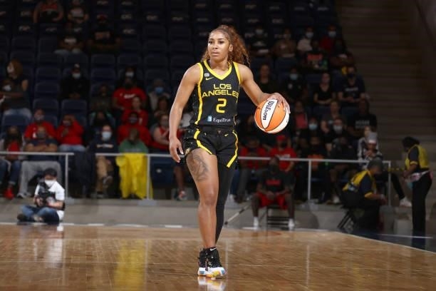 Te'a Cooper of the Los Angeles Sparks handles the ball against the Washington Mystics on June 10, 2021 at Entertainment & Sports Arena in Washington,...