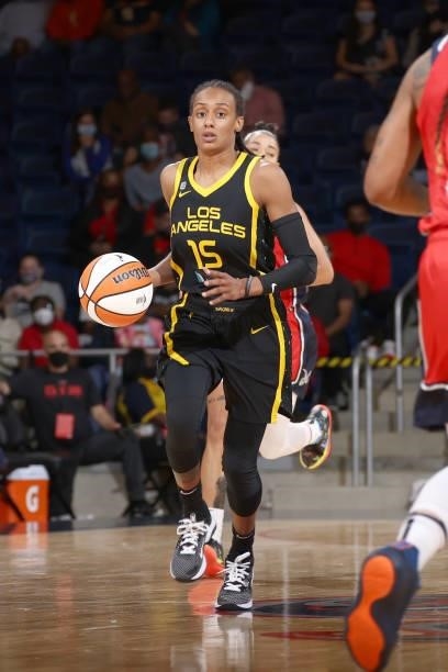 Brittney Sykes of the Los Angeles Sparks handles the ball against the Washington Mystics on June 10, 2021 at Entertainment & Sports Arena in...