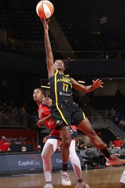 Erica Wheeler of the Los Angeles Sparks shoots the ball against the Washington Mystics on June 10, 2021 at Entertainment & Sports Arena in...