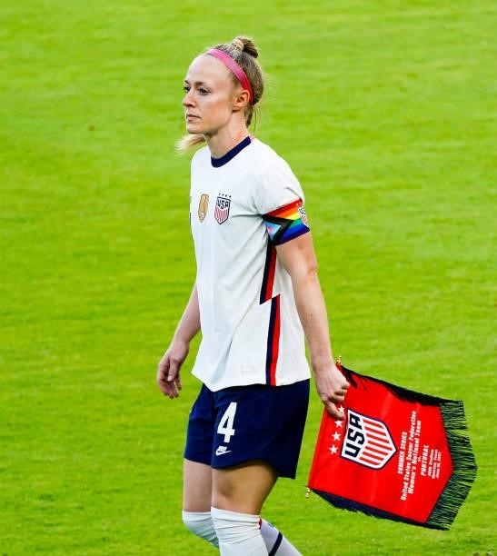 Becky Sauerbrunn of the United States wears a captains armband representing support for the LBGTQIA+ community prior to the 2021 WNT Summer Series...