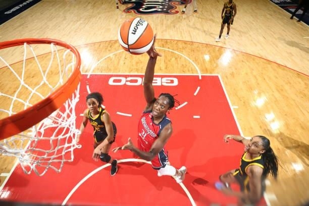 Tina Charles of the Washington Mystics drives to the basket against the Los Angeles Sparks on June 10, 2021 at Entertainment & Sports Arena in...