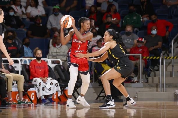 Ariel Atkins of the Washington Mystics handles the ball against the Los Angeles Sparks on June 10, 2021 at Entertainment & Sports Arena in...