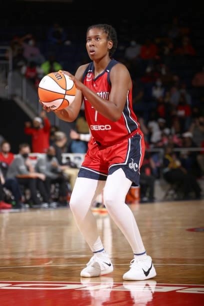 Ariel Atkins of the Washington Mystics shoots a free throw against the Los Angeles Sparks on June 10, 2021 at Entertainment & Sports Arena in...