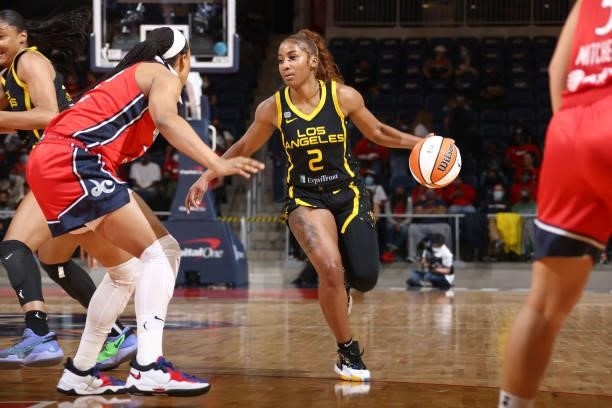 Te'a Cooper of the Los Angeles Sparks handles the ball against the Washington Mystics on June 10, 2021 at Entertainment & Sports Arena in Washington,...