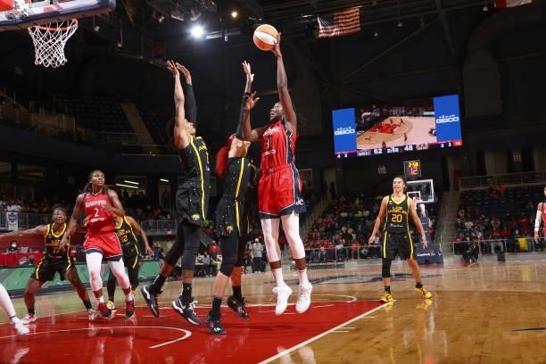 Tina Charles of the Washington Mystics shoots the ball against the Los Angeles Sparks on June 10, 2021 at Entertainment & Sports Arena in Washington,...
