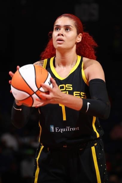 Amanda Zahui B of the Los Angeles Sparks shoots a free throw against the Washington Mystics on June 10, 2021 at Entertainment & Sports Arena in...