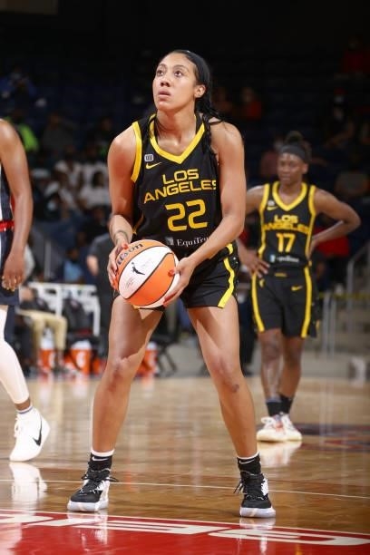 Arella Guirantes of the Los Angeles Sparks prepares to shoot a free throw against the Washington Mystics on June 10, 2021 at Entertainment & Sports...