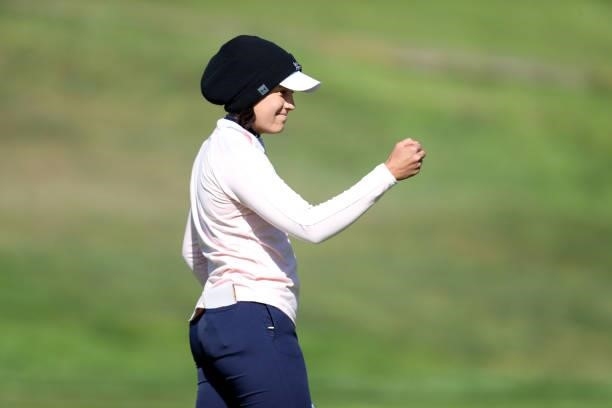 Albane Valenzuela of Switzerland celebrates from the 7th hole during the first round of the LPGA Mediheal Championship at Lake Merced Golf Club on...