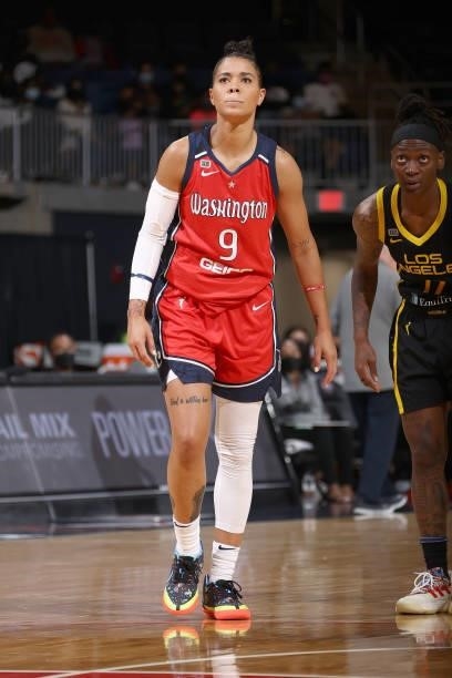 Natasha Cloud of the Washington Mystics looks up during the game against the Los Angeles Sparks on June 10, 2021 at Entertainment & Sports Arena in...