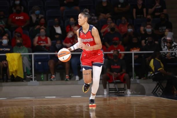 Natasha Cloud of the Washington Mystics handles the ball against the Los Angeles Sparks on June 10, 2021 at Entertainment & Sports Arena in...