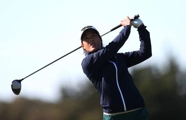 Celine Boutier of France tees off from the 8th hole during the first round of the LPGA Mediheal Championship at Lake Merced Golf Club on June 10,...