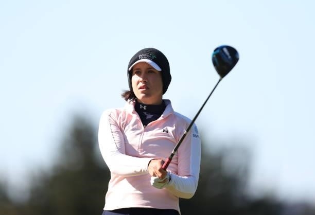 Albane Valenzuela of Switzerland tees of from the 8th hole during the first round of the LPGA Mediheal Championship at Lake Merced Golf Club on June...