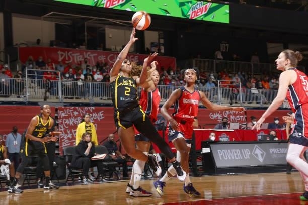 Te'a Cooper of the Los Angeles Sparks shoots the ball against the Washington Mystics on June 10, 2021 at Entertainment & Sports Arena in Washington,...