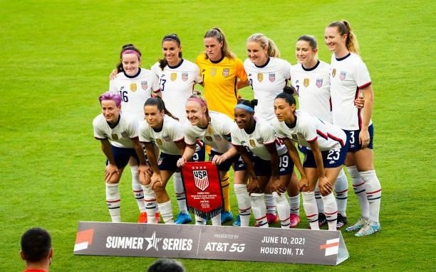 The USWNT Starting XI pose for a team photo before the 2021 WNT Summer Series friendly against Portugal at BBVA Stadium on June 10, 2021 in Houston,...