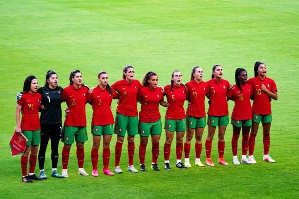 The Portugal Women's National team lines up for the National Anthem prior to the 2021 WNT Summer Series friendly against the United States at BBVA...