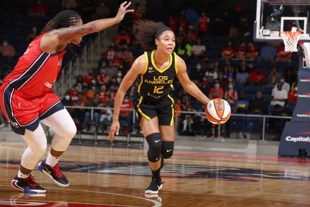 Nia Coffey of the Los Angeles Sparks handles the ball against the Washington Mystics on June 10, 2021 at Entertainment & Sports Arena in Washington,...