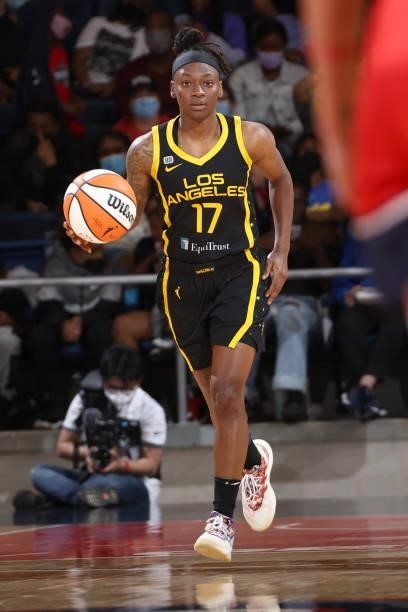 Erica Wheeler of the Los Angeles Sparks handles the ball against the Washington Mystics on June 10, 2021 at Entertainment & Sports Arena in...