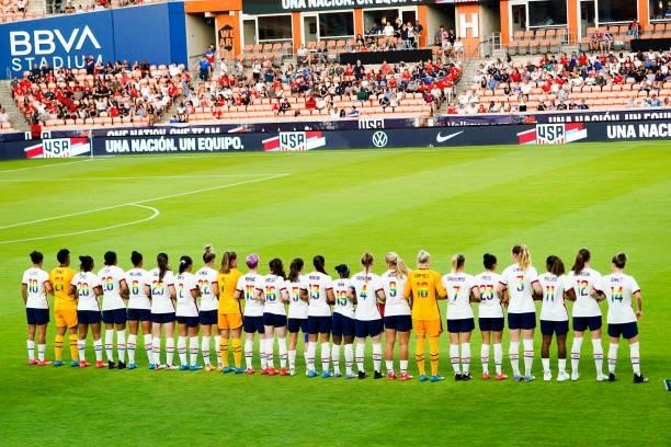 The USWNT team pose showing their numbers in support of the LBGTQIA+ community prior to the the 2021 WNT Summer Series friendly against Portugal at...