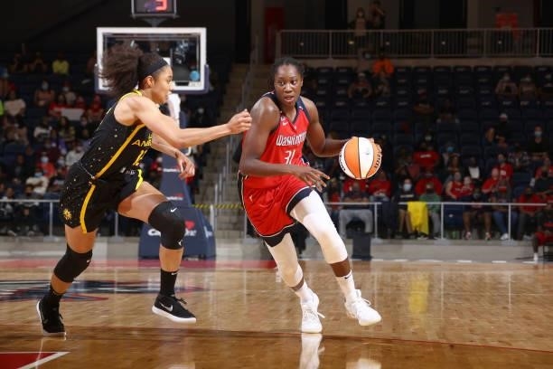 Tina Charles of the Washington Mystics handles the ball against the Los Angeles Sparks on June 10, 2021 at Entertainment & Sports Arena in...