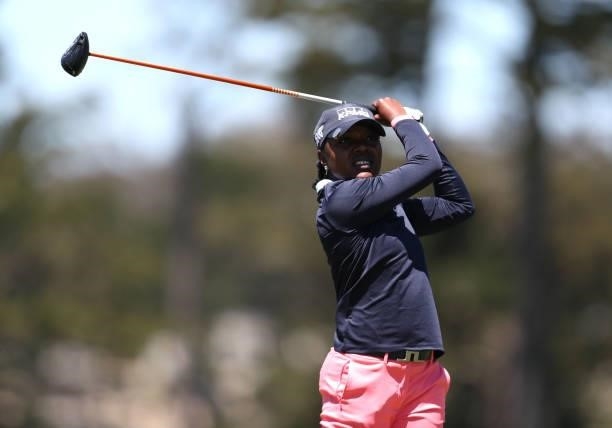 Mariah Stackhouse of the United States tees off from the 8th hole during the first round of the LPGA Mediheal Championship at Lake Merced Golf Club...