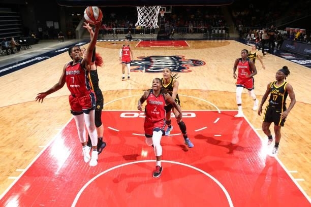 Ariel Atkins of the Washington Mystics drives to the basket against the Los Angeles Sparks on June 10, 2021 at Entertainment & Sports Arena in...