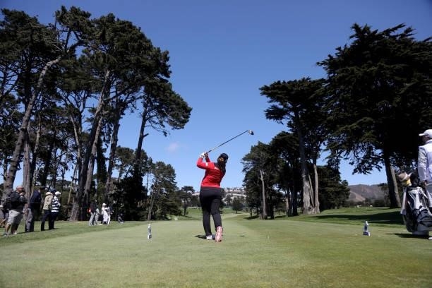 Inbee Park of South Korea tees off from the 9th hole during the first round of the LPGA Mediheal Championship at Lake Merced Golf Club on June 10,...