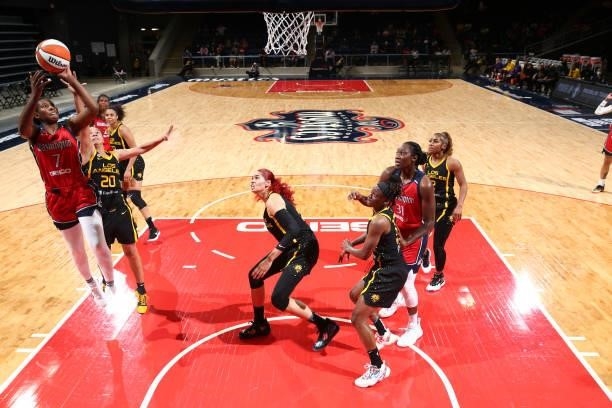 Ariel Atkins of the Washington Mystics shoots the ball against the Los Angeles Sparks on June 10, 2021 at Entertainment & Sports Arena in Washington,...