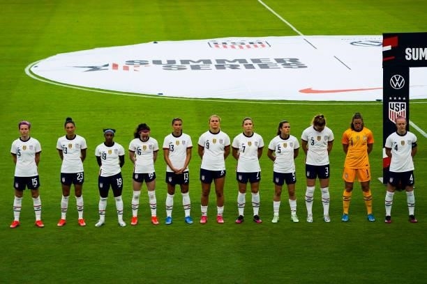 The United States line up for the National Anthem prior to the 2021 WNT Summer Series friendly against Portugal at BBVA Stadium on June 10, 2021 in...