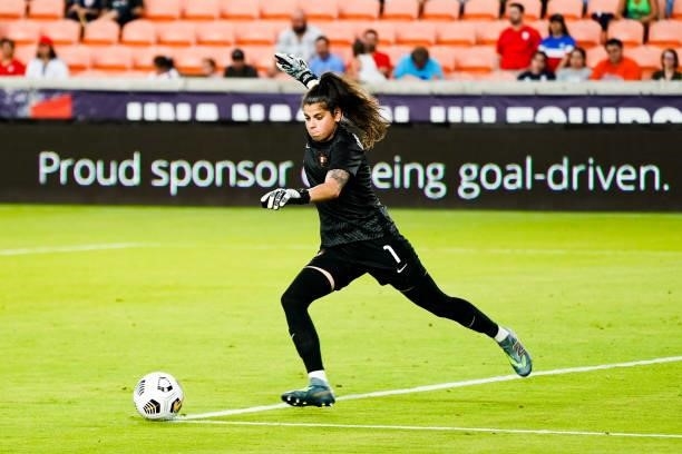 Inês Pereira of Portugal kicks the ball during the first half of the 2021 WNT Summer Series friendly against the United States at BBVA Stadium on...